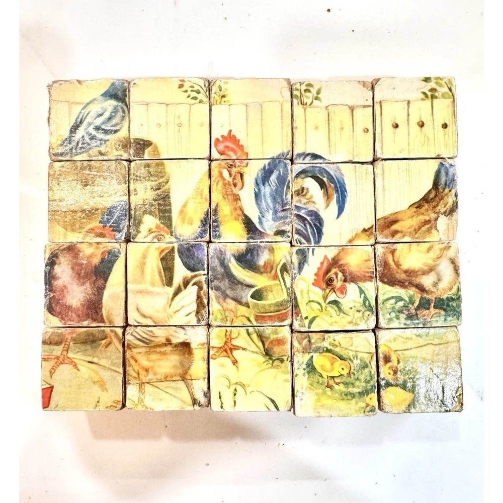 Vintage Farmhouse Wooden Picture Blocks Puzzle Chicken Horse Kitten Cottagecore